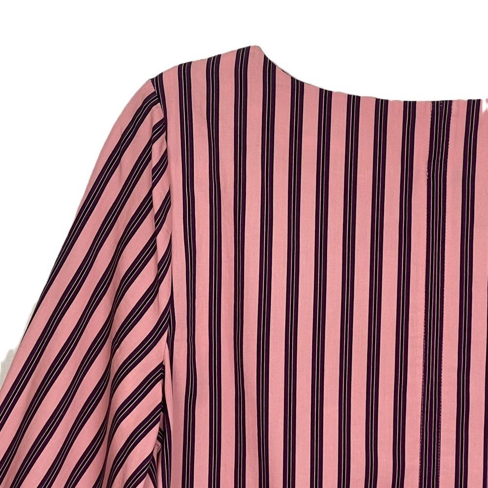 Topshop US 6 Pink Purple Black Stripe Cropped Puff Sleeve Cotton‎ Blouse - Picture 10 of 13